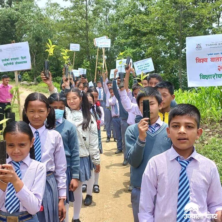 विश्व वातावरण दिवसको अवसरमा तमोर ईङलिस बोर्डिङ स्कुलद्धारा मन्दिर क्षेत्रमा सफाइ र वृक्षरोपण