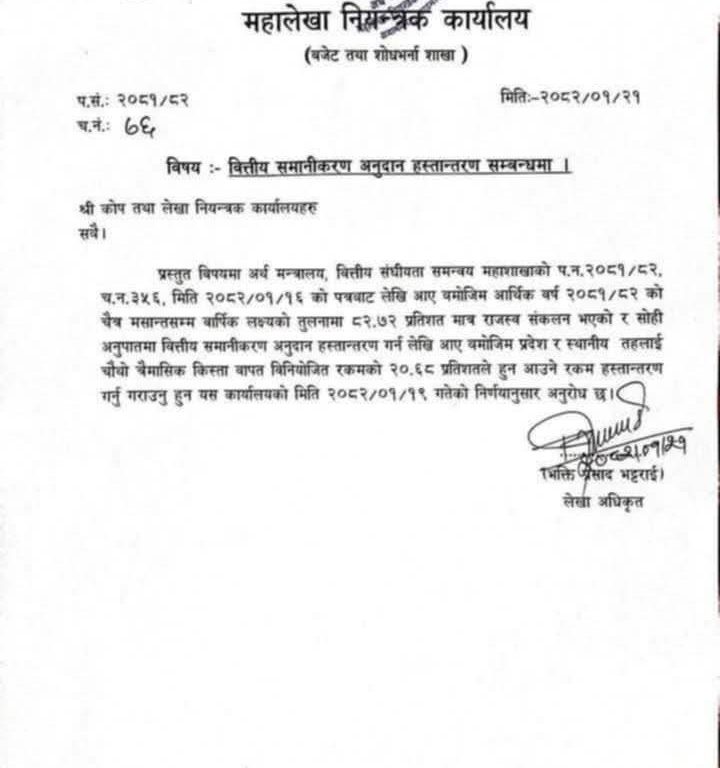 महालेखाको पत्रसंगै प्रदेश र स्थानीय तहमा वित्तीय समानीकरणको चौथो किस्ता घट्ने,योजना प्रभावित हुने संशय