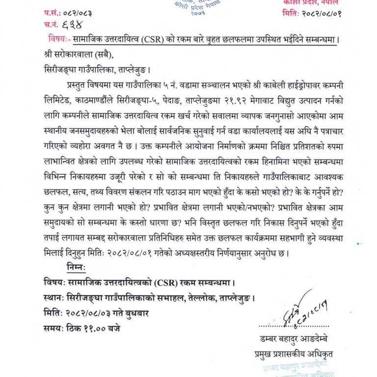 जलविद्युत परियोजनाको सिएसआर रकम परिचालनबारे उठेको प्रश्नमा सिरिजङ्गाले वृहत्त छलफल चलाउँदै